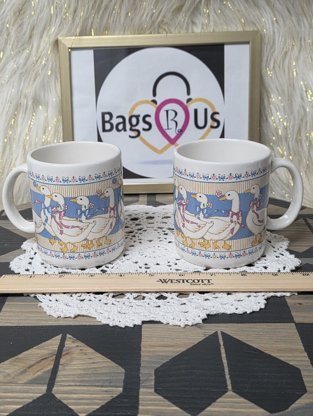 VINTAGE TREASURE CRAFT RIBBON GEESE GOOSE COFFEE MUGS SET OF 2 RARE HTF
